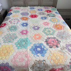 Vintage Grandmothers Flower Garden Quilt Fits Double/Full Hand Quilted Feedsack